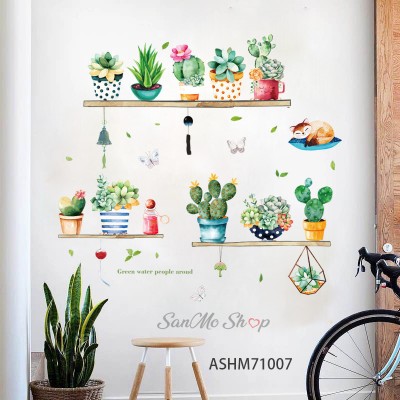 Sale! Stickere decorative, Cactus/plante suculente/vulpe, Roz/verde/rosu, 71x99 cm, ASHM71007