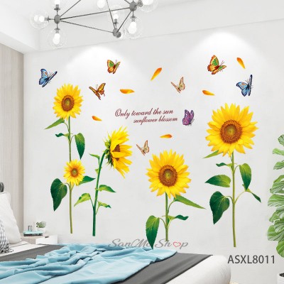 Sale! Stickere decorative, Floarea soarelui/fluturi, Galben/verde, 100x110 cm, ASXL8011