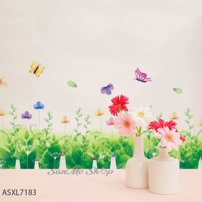 Sale! Stickere decorative, Plante verzi/flori/fluturi, Verde/mov/roz, 33x137 cm, ASXL7183