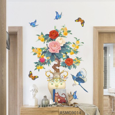 Sale! Stickere decorative, Flori/fluturi, Rosu/roz/albastru deschis, 95x67 cm, ASMG9014