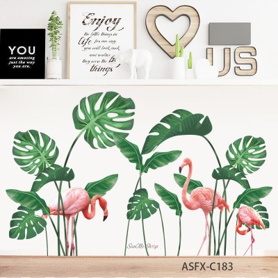 Sale! Stickere decorative, Frunze verzi/flamingo, Verde/roz, 58x93 cm, ASFX-C183