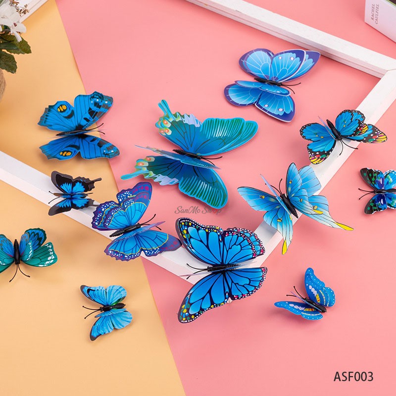 Stickere decorative, Set 12 Fluturi 3D, Albastru, Intre 6 şi 12 cm, ASF003