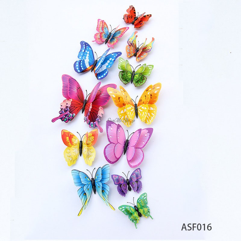 Stickere decorative, Set 12 Fluturi 3D, Rosu/galben/albastru/roz, Intre 6 şi 12 cm, ASF016