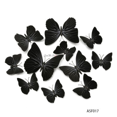 Stickere decorative, Set 12 Fluturi 3D, Negru, Intre 6 şi 12 cm, ASF017
