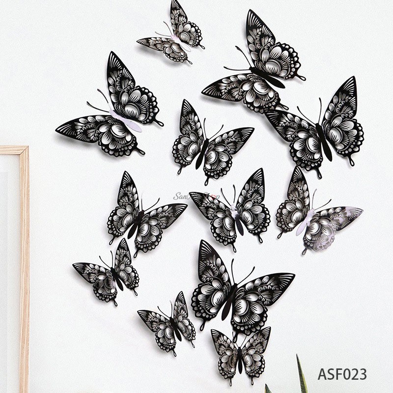 Stickere decorative, Set 12 Fluturi 3D, Efect metalic, Negru, ASF023
