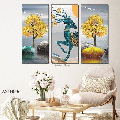Sale! Stickere set 3 motiv tablouri, Abstract, Elan/copac, Albastru verde/auriu, 58.5x29.5 cmx3, ASLH006