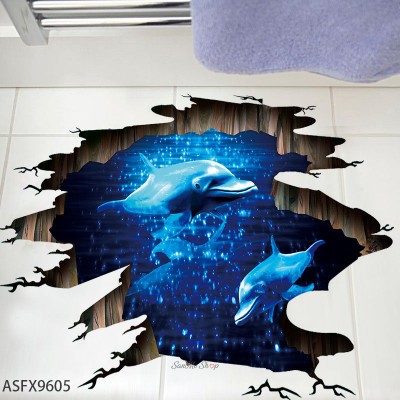 Sale! Stickere decorative, 3D efect, Delfin, Albastru, 67x90 cm, ASFX9605
