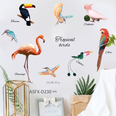 Sale! Stickere decorative, Flamingo/papagal/pasari, Roz/multicolor, 66x95 cm, ASFX-D230