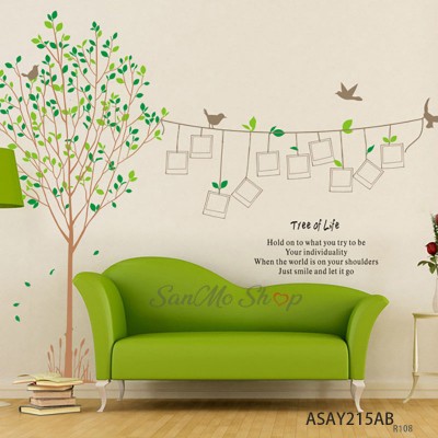 Sale! Stickere decorative, Copac/frunze verzi/pasari, Verde/maro, Photo tree, 170x230 cm, ASAY215AB
